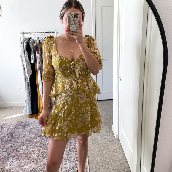 For Love & Lemons Mustard Yellow Velvet Floral Cosmo Mini Dress - Picture 1 of 16